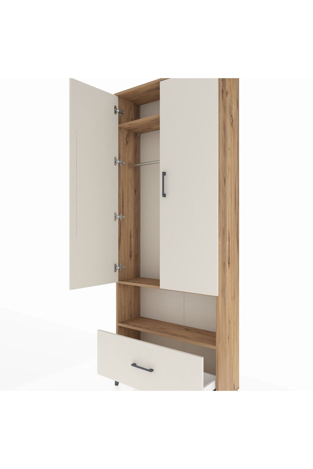 Arges Dolap 3 Raflı Tek Çekmeceli Tek Askılı 88x30x221 Çam-Aytaşı