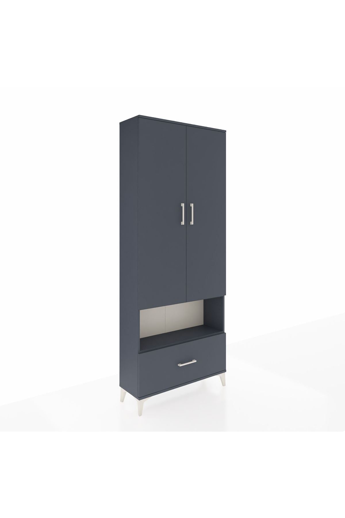 Arges Dolap 4 Raflı Tek Çekmeceli 2 Kapaklı 88x30x221 Antrasit-Antrasit