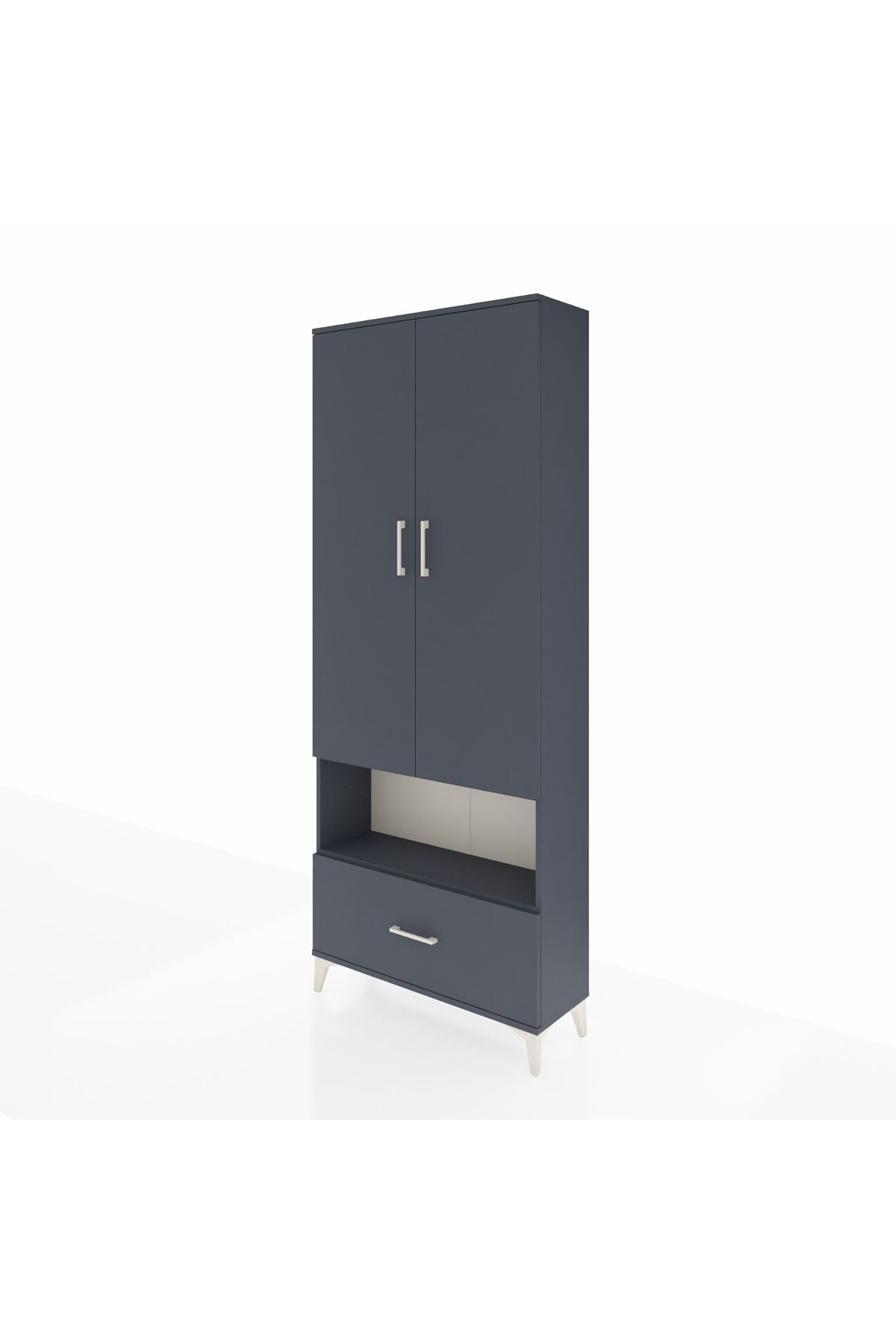 Arges Dolap 4 Raflı Tek Çekmeceli 2 Kapaklı 88x30x221 Antrasit-Antrasit
