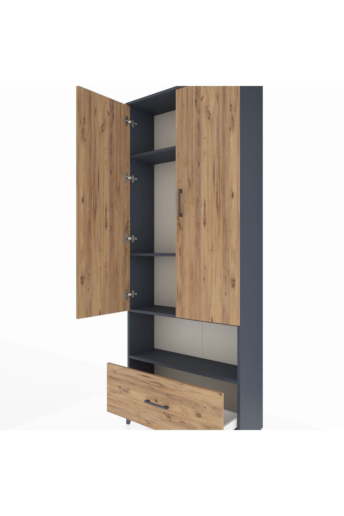 Arges Dolap 4 Raflı Tek Çekmeceli 2 Kapaklı 88x30x221 Antrasit-Çam