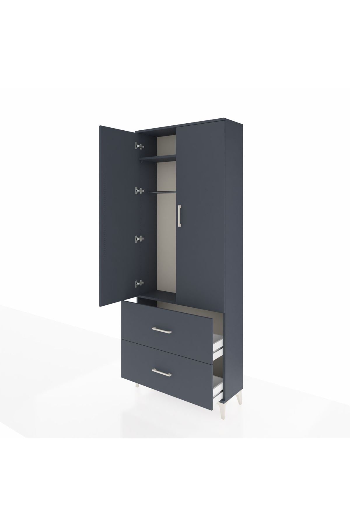 Arges Dolap 2 Raflı 2 Çekmeceli Tek Askılı 88x30x221 Antrasit-Antrasit