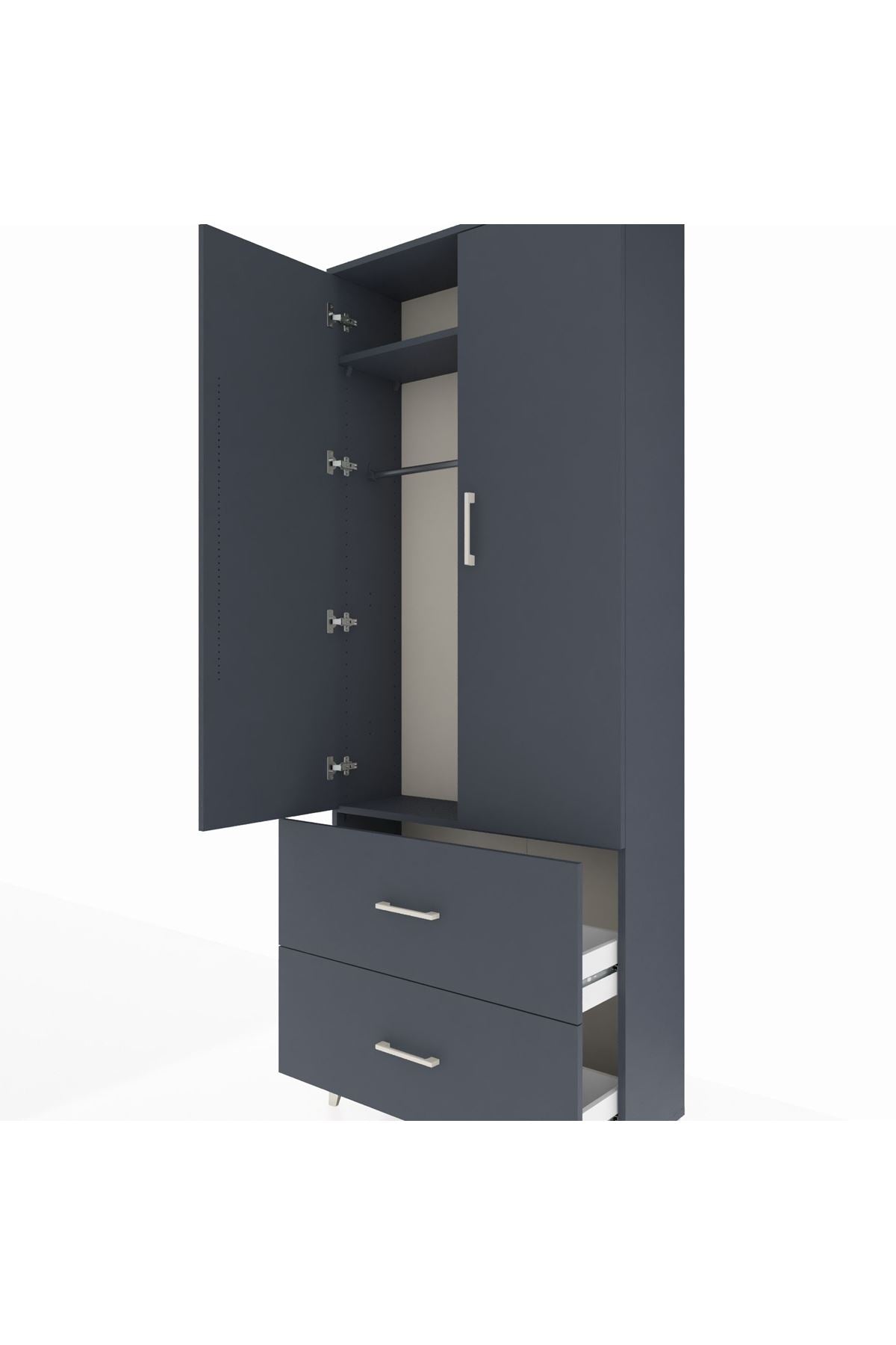 Arges Dolap 2 Raflı 2 Çekmeceli Tek Askılı 88x30x221 Antrasit-Antrasit