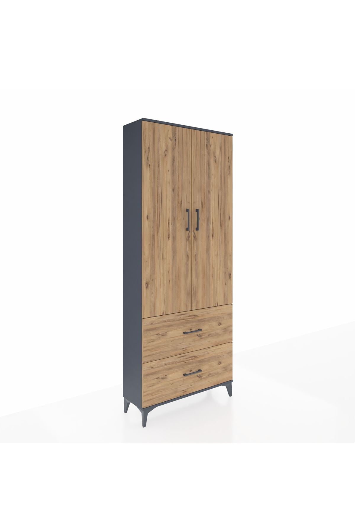 Arges Dolap 2 Raflı 2 Çekmeceli Tek Askılı 88x30x221 Antrasit-Çam