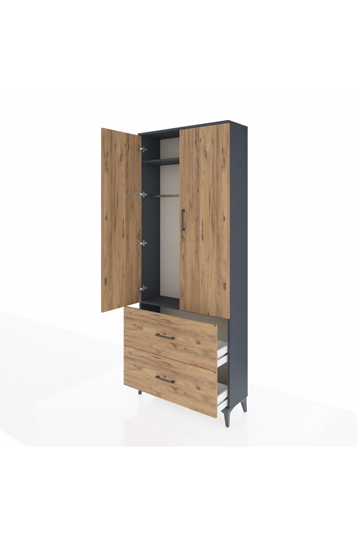 Arges Dolap 2 Raflı 2 Çekmeceli Tek Askılı 88x30x221 Antrasit-Çam