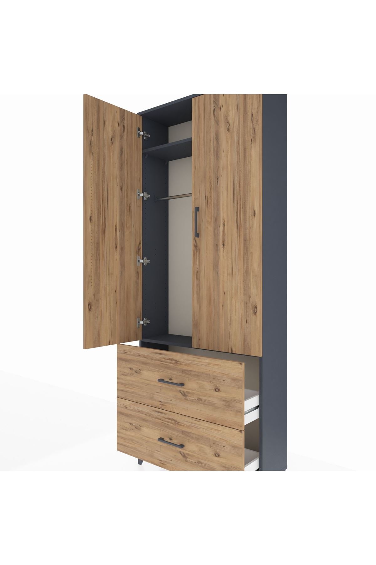 Arges Dolap 2 Raflı 2 Çekmeceli Tek Askılı 88x30x221 Antrasit-Çam