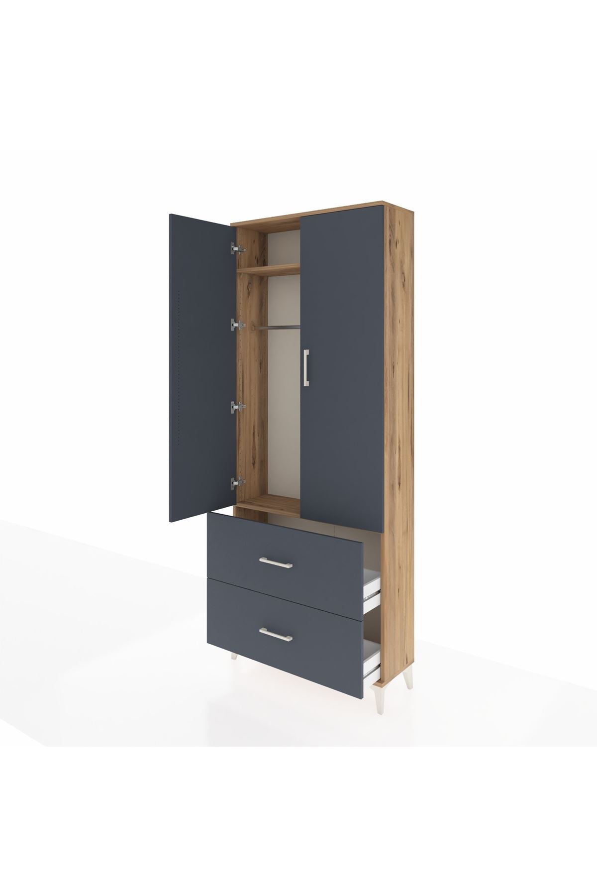 Arges Dolap 2 Raflı 2 Çekmeceli Tek Askılı 88x30x221 Çam-Antrasit