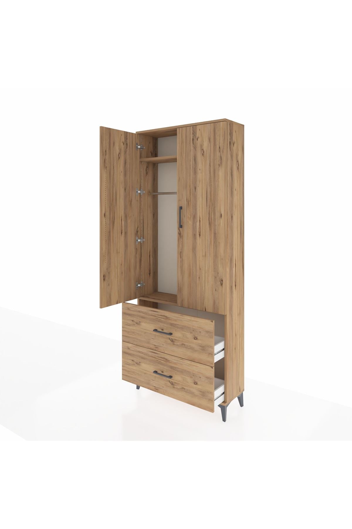 Arges Dolap 2 Raflı 2 Çekmeceli Tek Askılı 88x30x221 Çam-Çam