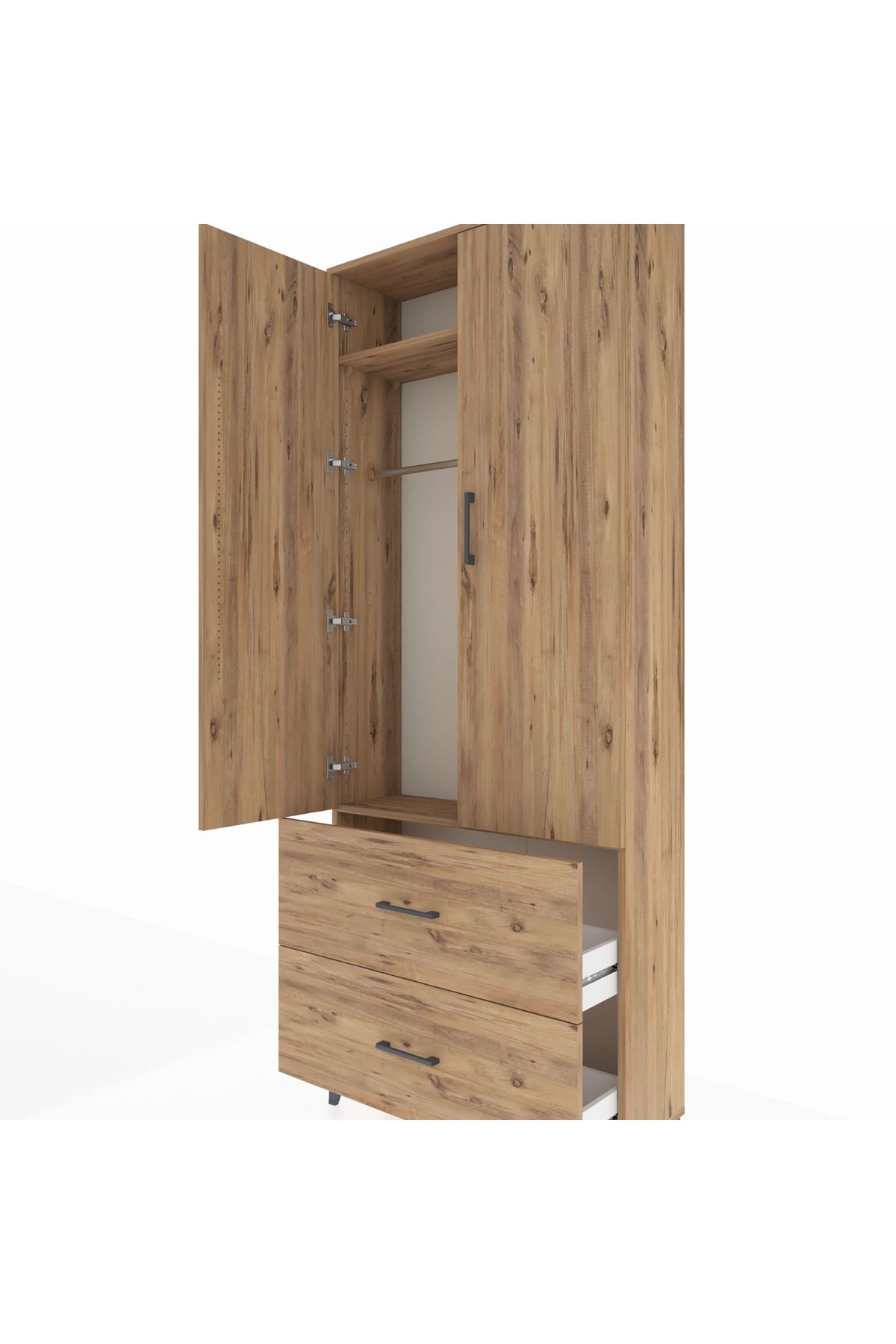 Arges Dolap 2 Raflı 2 Çekmeceli Tek Askılı 88x30x221 Çam-Çam