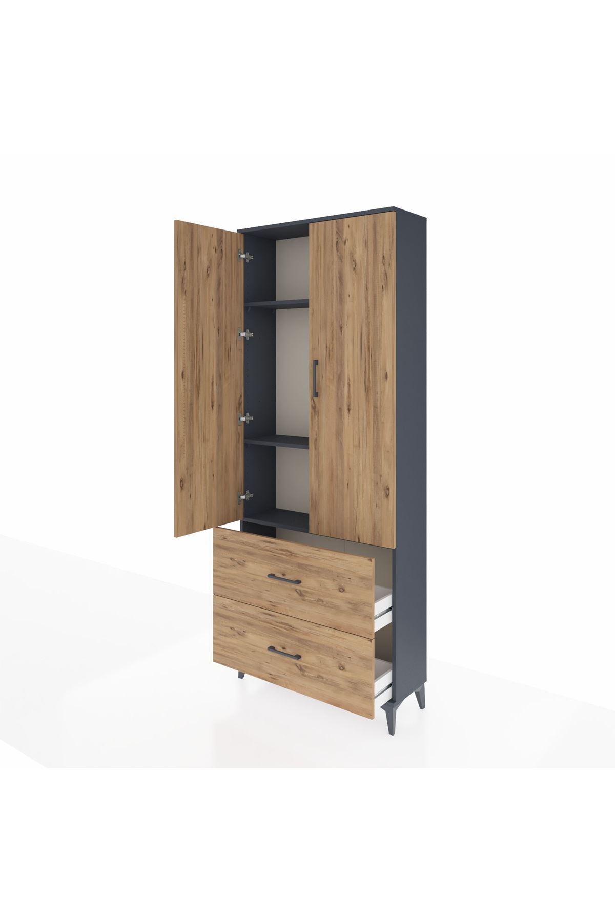 Arges Dolap 3 Raflı 2 Çekmeceli 2 Kapaklı 88x30x221 Antrasit-Çam