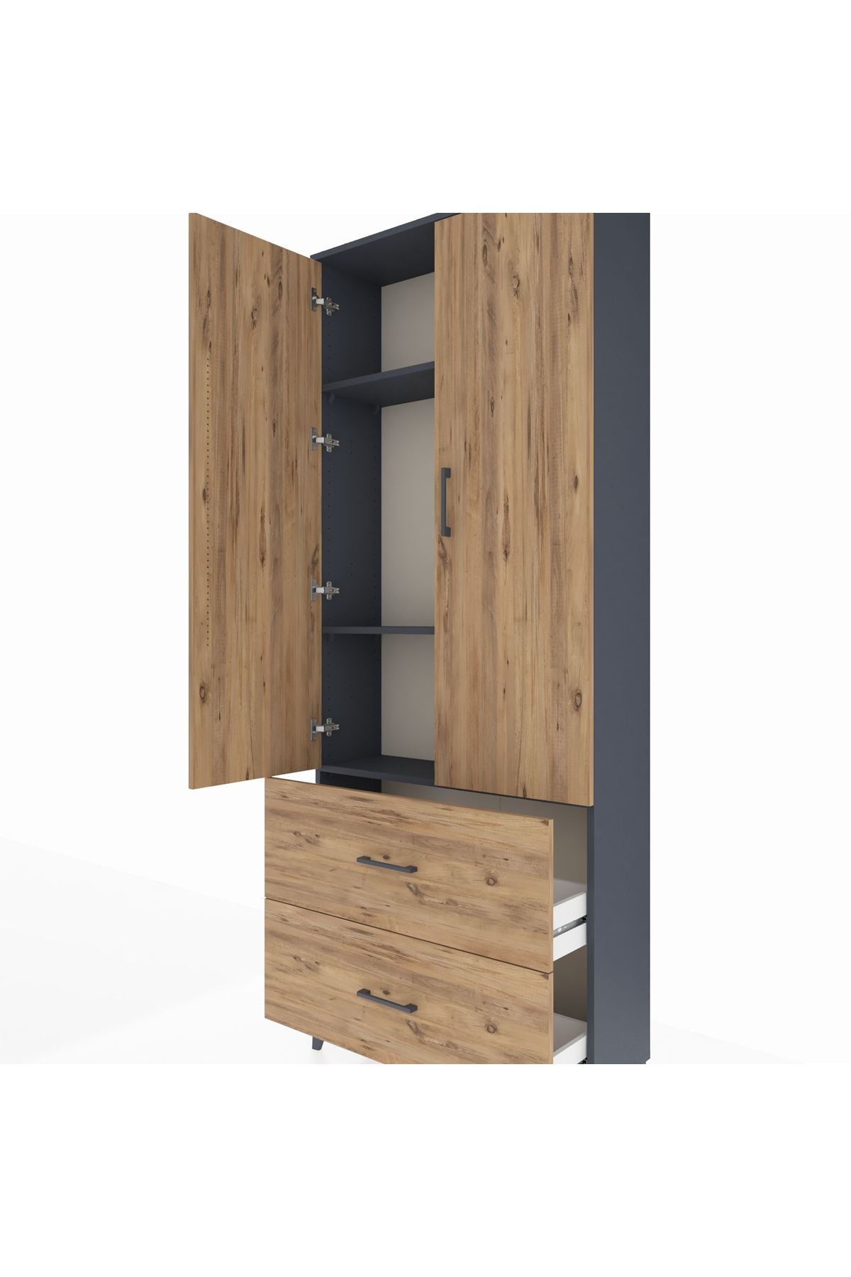 Arges Dolap 3 Raflı 2 Çekmeceli 2 Kapaklı 88x30x221 Antrasit-Çam