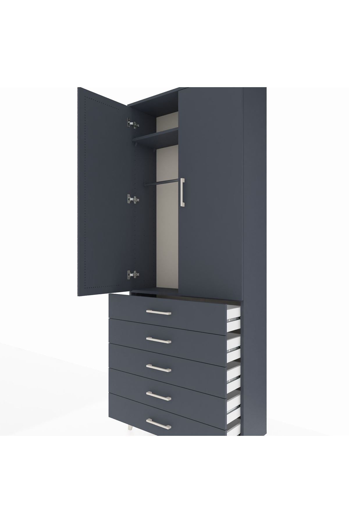 Arges Dolap 2 Raflı 5 Çekmeceli Tek Askılı 88x30x221 Antrasit-Antrasit