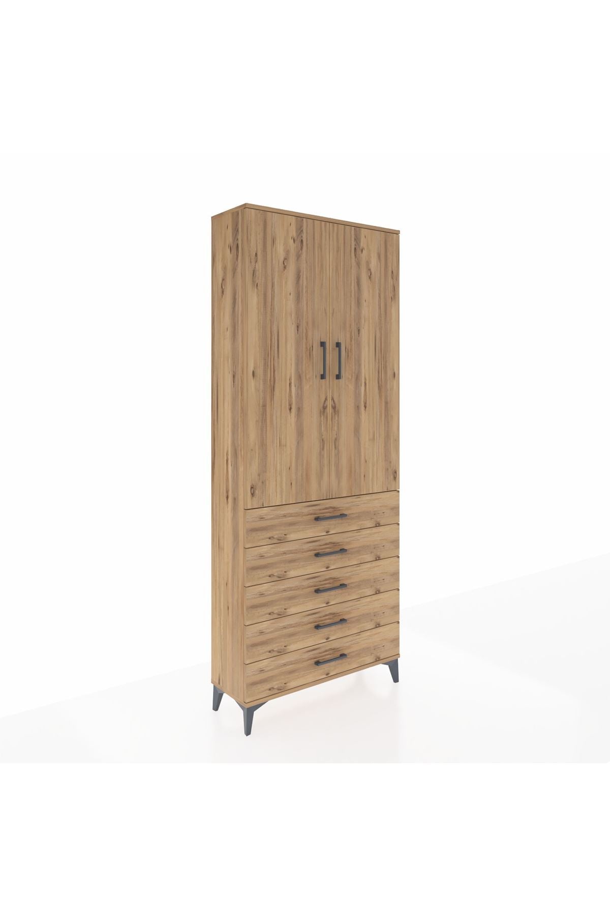 Arges Dolap 2 Raflı 5 Çekmeceli Tek Askılı 88x30x221 Çam-Çam