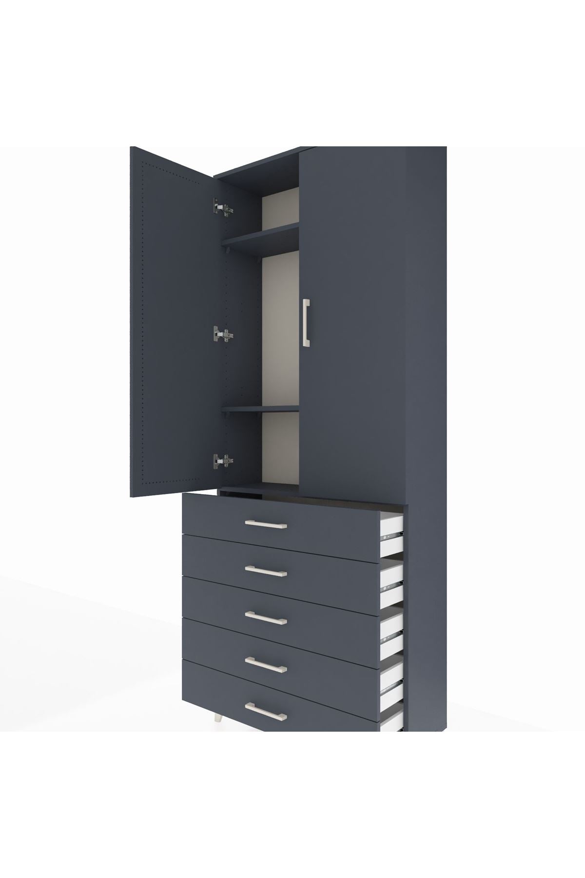 Arges Dolap 3 Raflı 5 Çekmeceli 2 Kapaklı 88x30x221 Antrasit-Antrasit