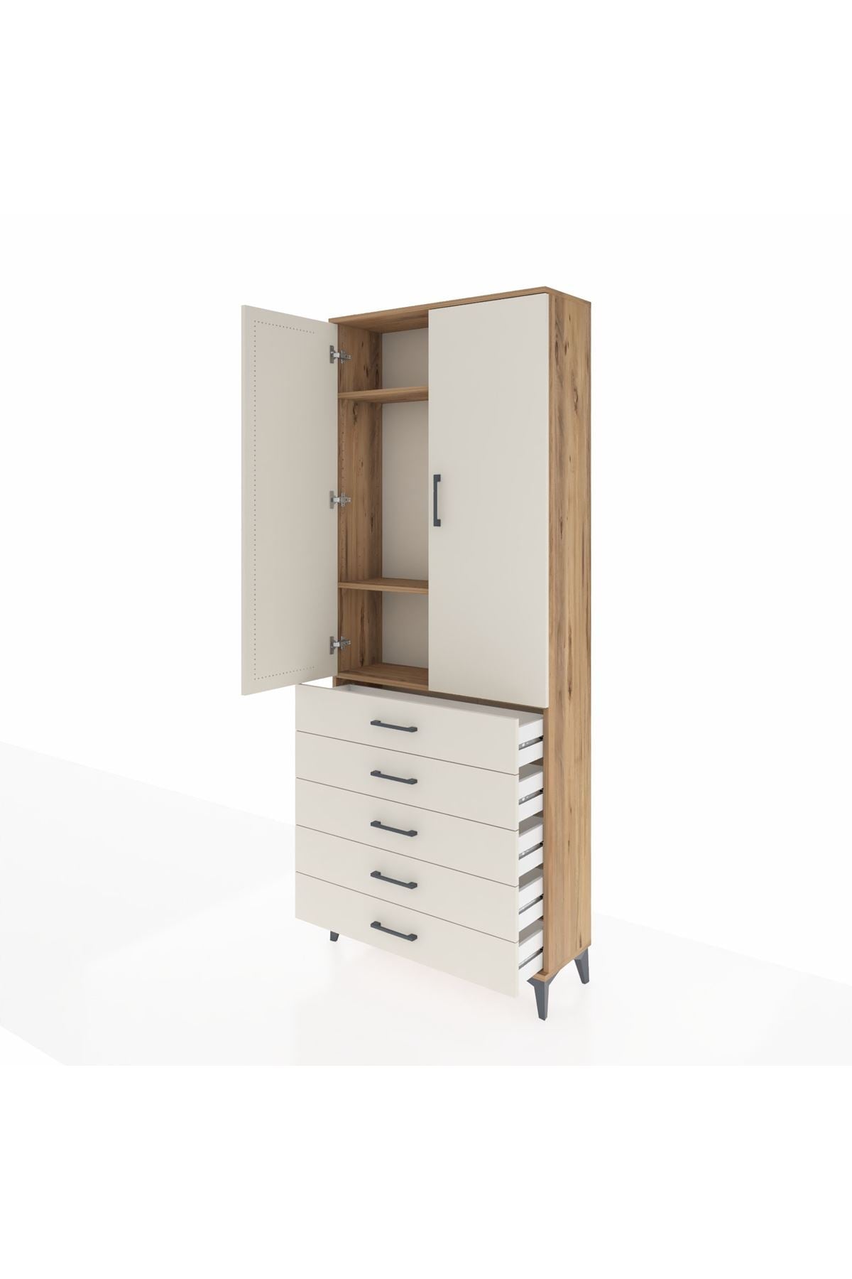 Arges Dolap 3 Raflı 5 Çekmeceli 2 Kapaklı 88x30x221 Çam-Aytaşı