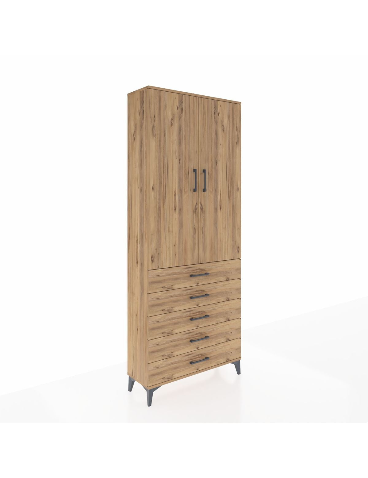 Arges Dolap 3 Raflı 5 Çekmeceli 2 Kapaklı 88x30x221 Çam-Çam