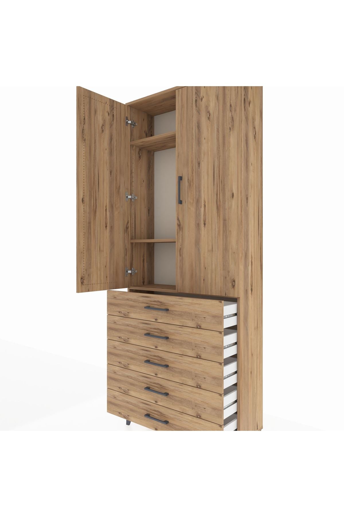 Arges Dolap 3 Raflı 5 Çekmeceli 2 Kapaklı 88x30x221 Çam-Çam