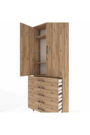Arges Dolap 3 Raflı 5 Çekmeceli 2 Kapaklı 88x30x221 Çam-Çam