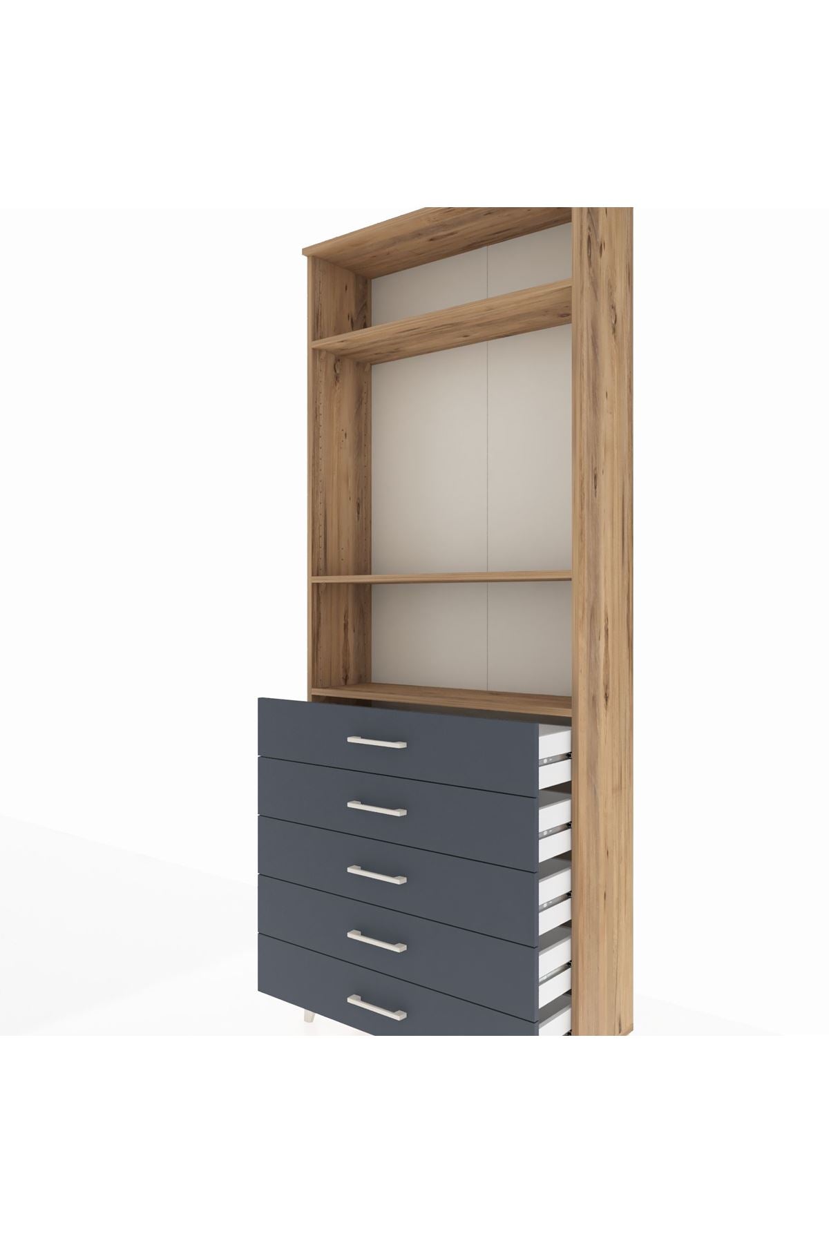 Arges Dolap 3 Raflı 5 Çekmeceli 88x30x221 Çam-Antrasit