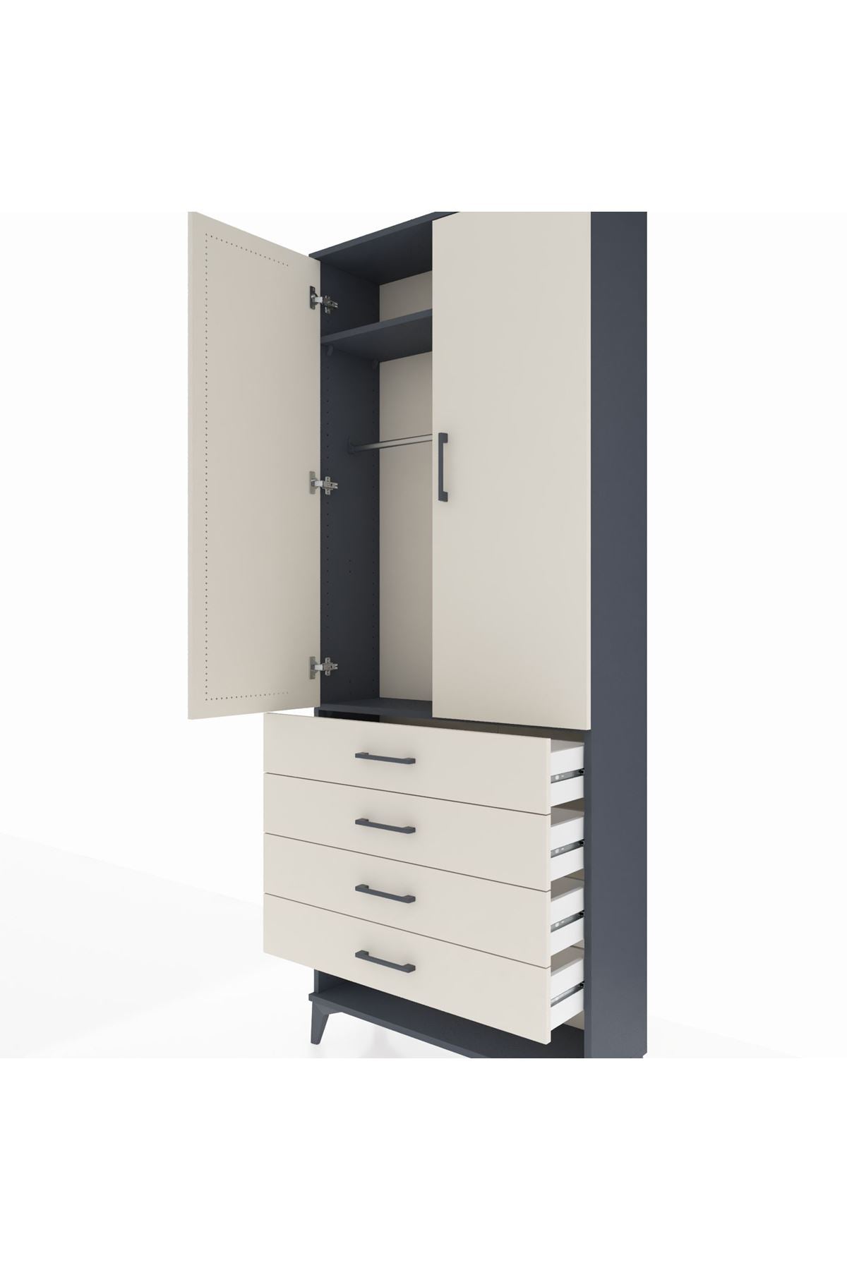 Arges Dolap 2 Raflı 4 Çekmeceli Tek Askılı 88x30x221 Antrasit-Aytaşı