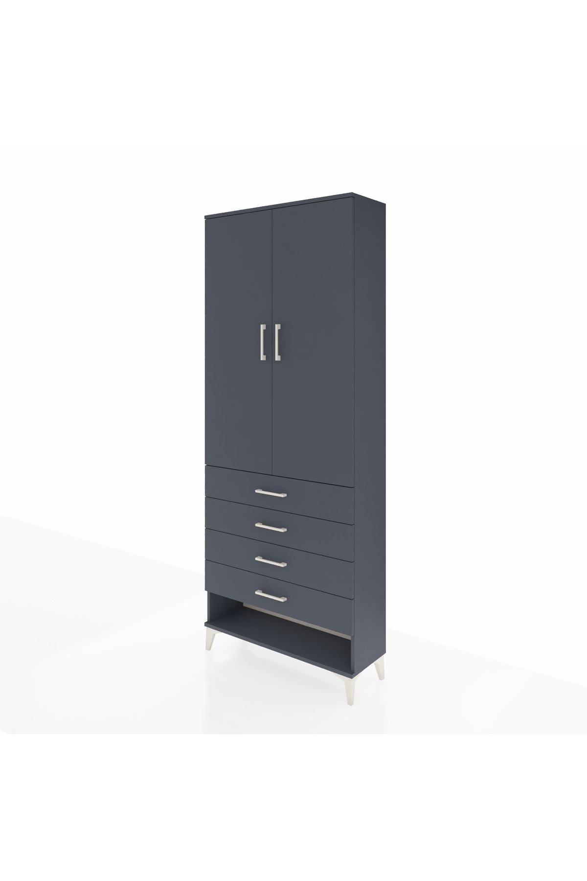 Arges Dolap 2 Raflı 4 Çekmeceli Tek Askılı 88x30x221 Antrasit-Antrasit