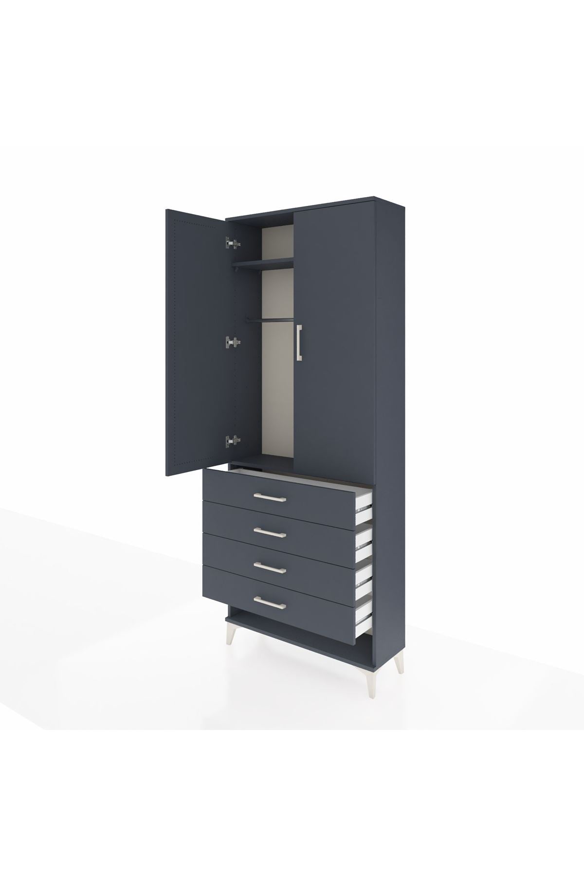 Arges Dolap 2 Raflı 4 Çekmeceli Tek Askılı 88x30x221 Antrasit-Antrasit