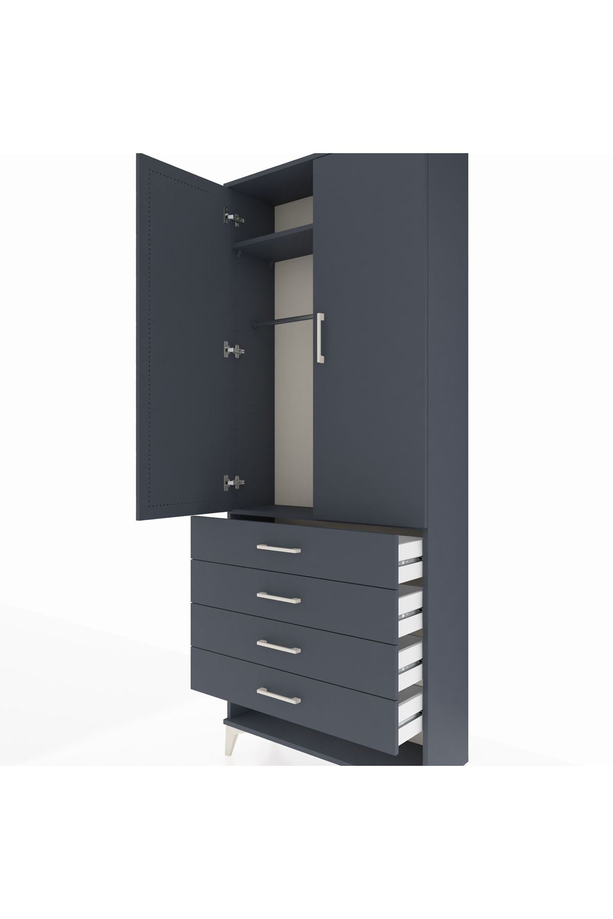 Arges Dolap 2 Raflı 4 Çekmeceli Tek Askılı 88x30x221 Antrasit-Antrasit