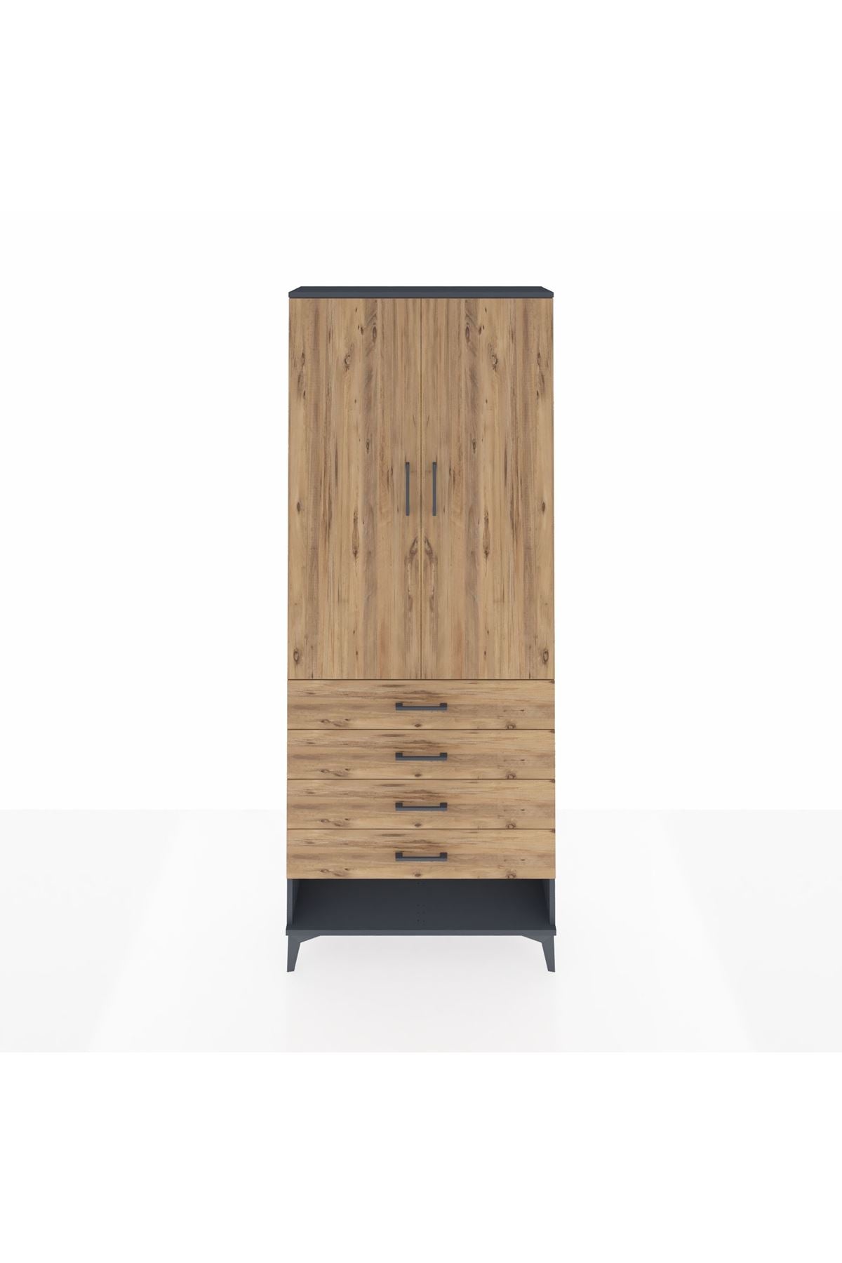 Arges Dolap 2 Raflı 4 Çekmeceli Tek Askılı 88x30x221 Antrasit-Çam