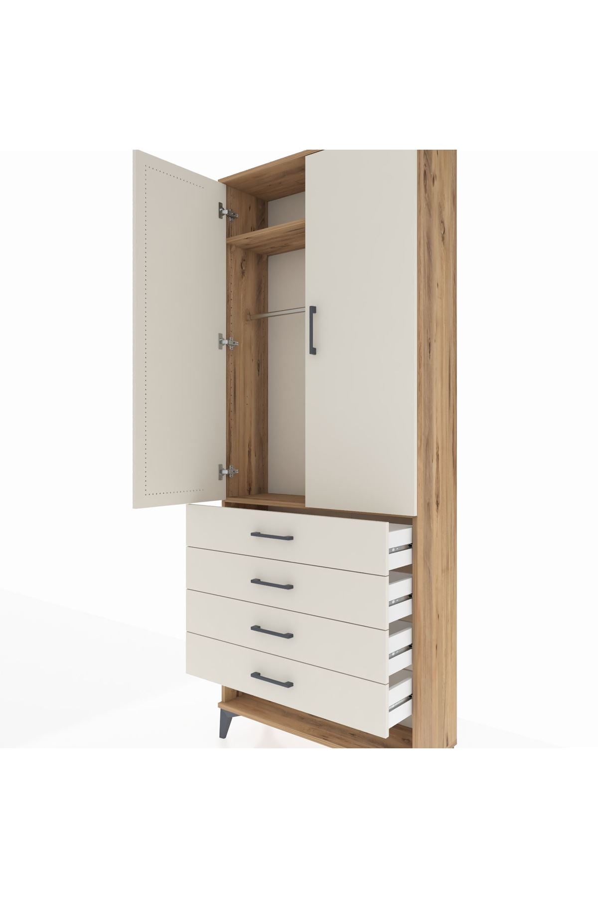 Arges Dolap 2 Raflı 4 Çekmeceli Tek Askılı 88x30x221 Çam-Aytaşı