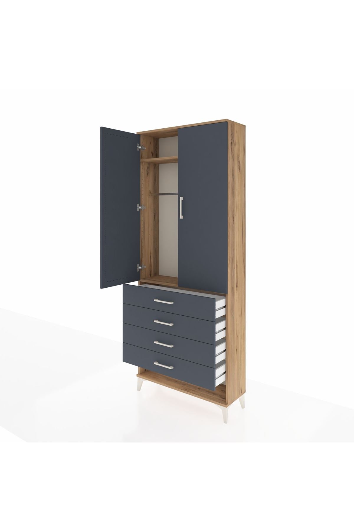 Arges Dolap 2 Raflı 4 Çekmeceli Tek Askılı 88x30x221 Çam-Antrasit