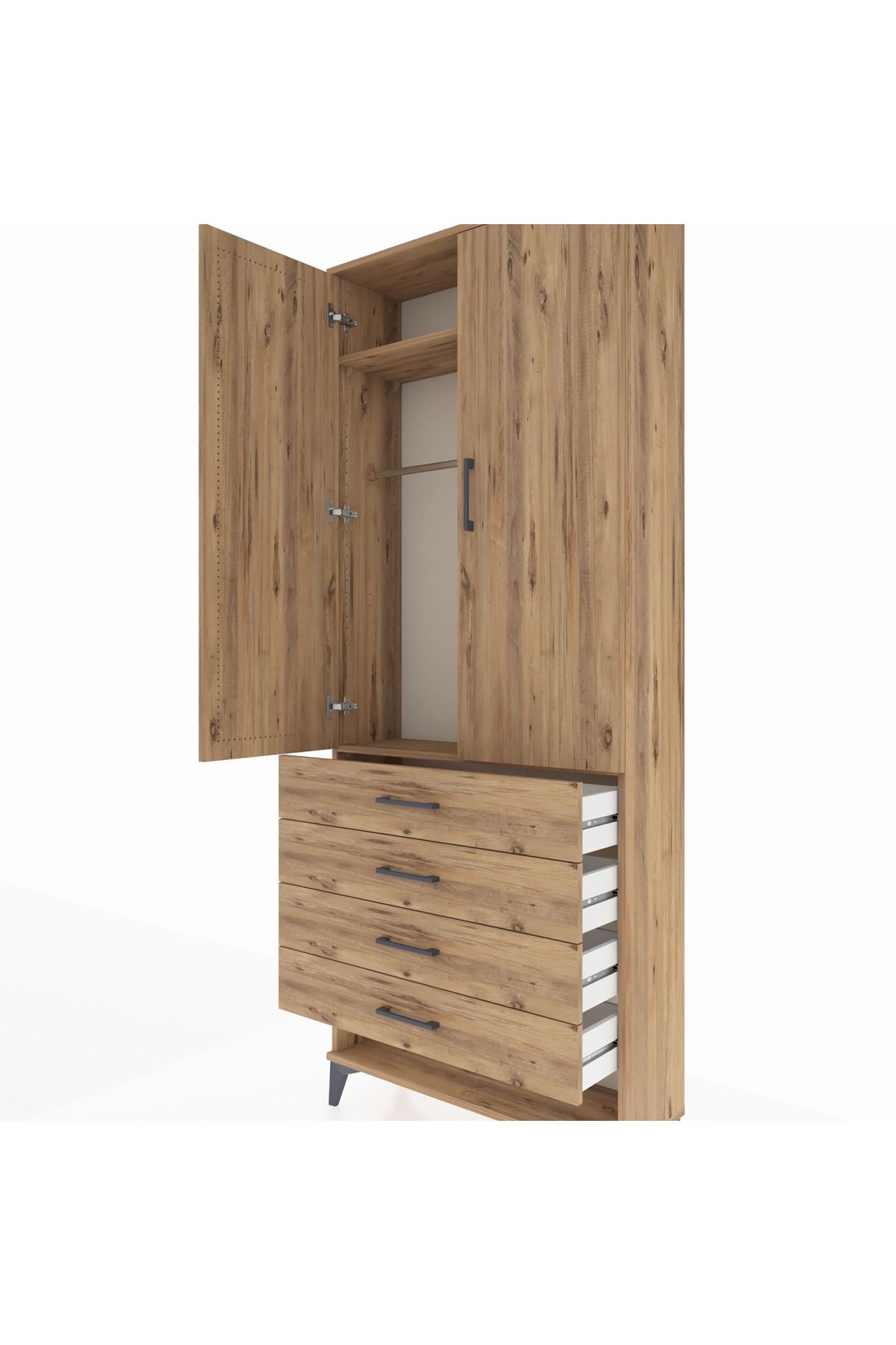 Arges Dolap 2 Raflı 4 Çekmeceli Tek Askılı 88x30x221 Çam-Çam