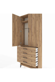 Arges Dolap 2 Raflı 4 Çekmeceli Tek Askılı 88x30x221 Çam-Çam