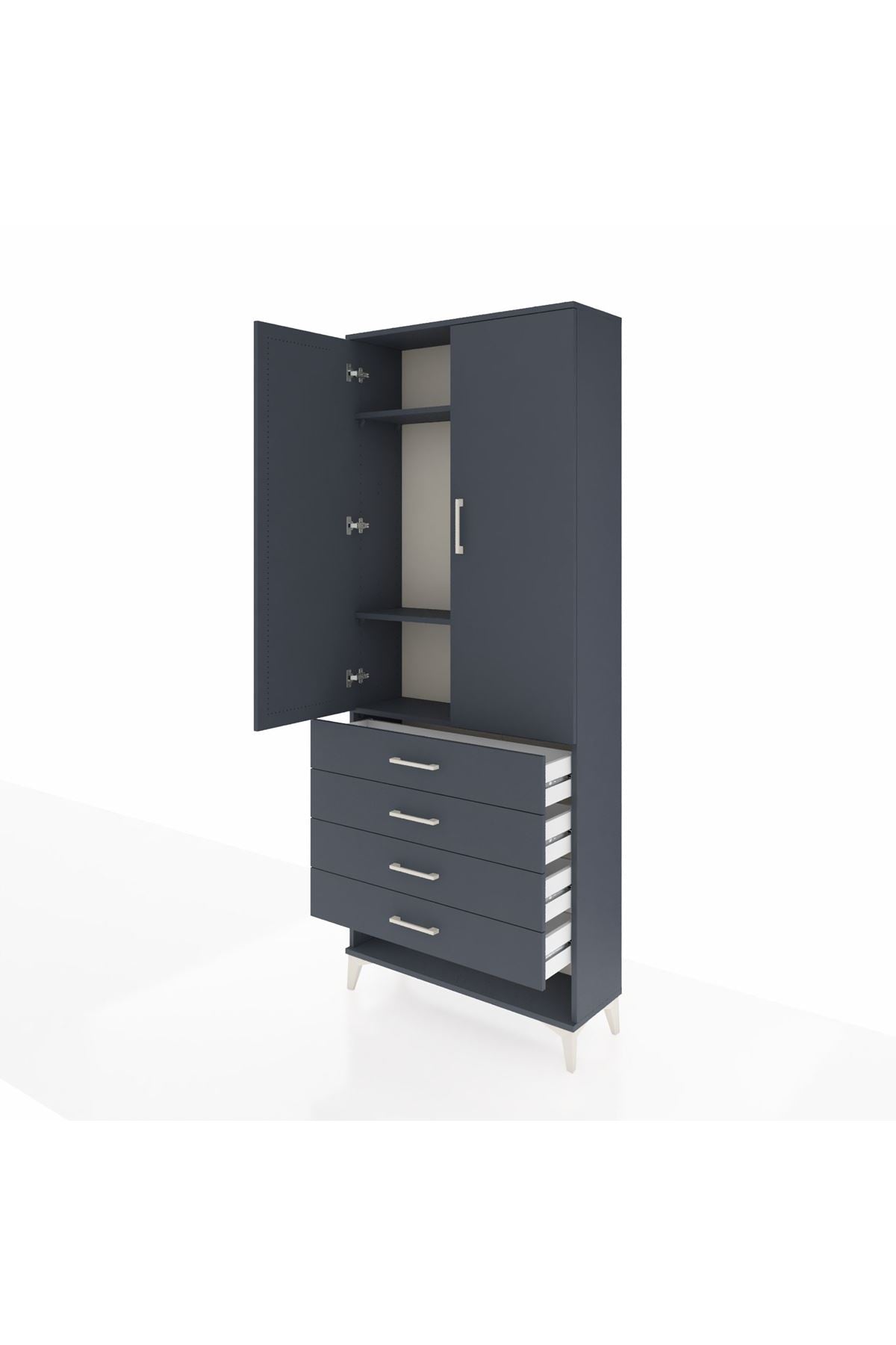 Arges Dolap 3 Raflı 4 Çekmeceli 2 Kapaklı 88x30x221 Antrasit-Antrasit