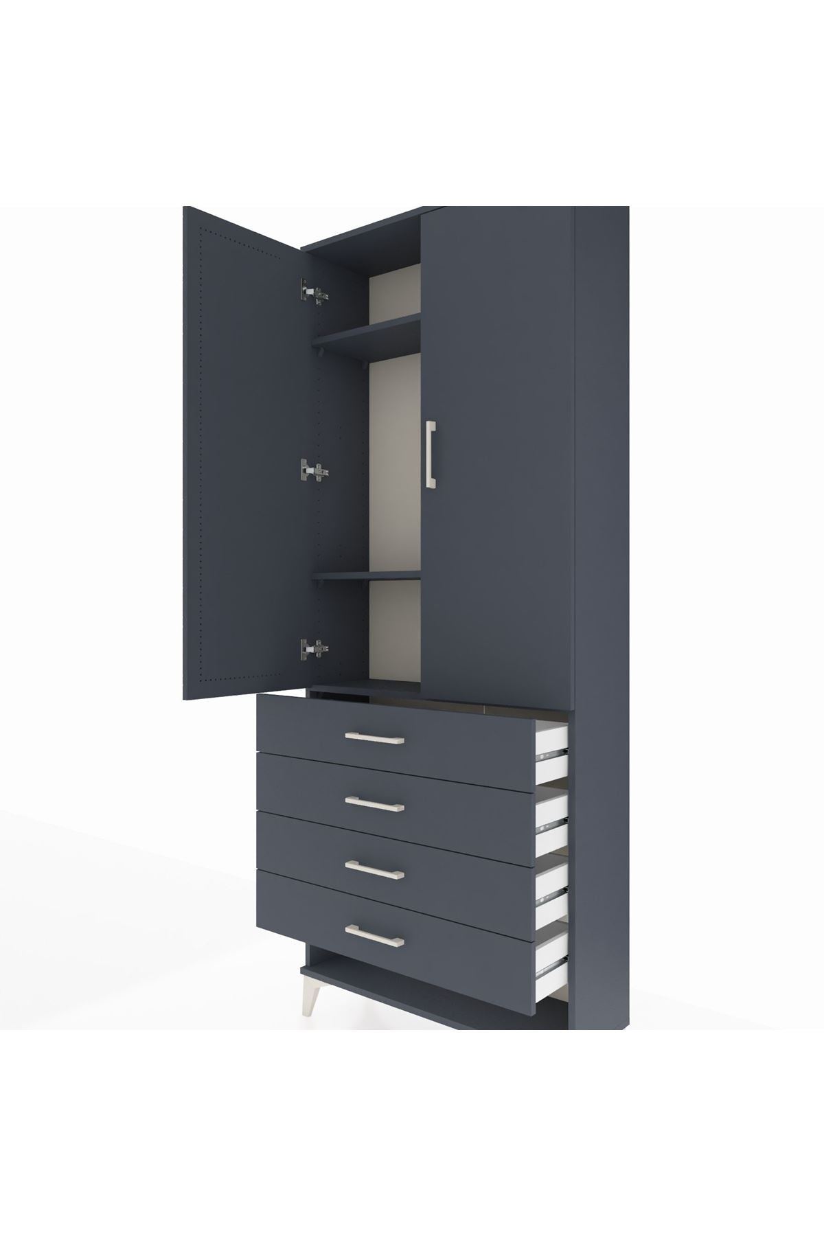 Arges Dolap 3 Raflı 4 Çekmeceli 2 Kapaklı 88x30x221 Antrasit-Antrasit