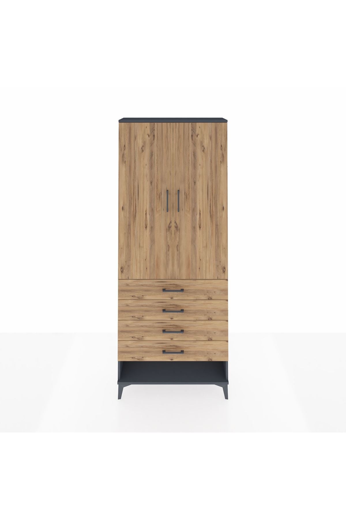 Arges Dolap 3 Raflı 4 Çekmeceli 2 Kapaklı 88x30x221 Antrasit-Çam