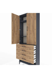 Arges Dolap 3 Raflı 4 Çekmeceli 2 Kapaklı 88x30x221 Antrasit-Çam