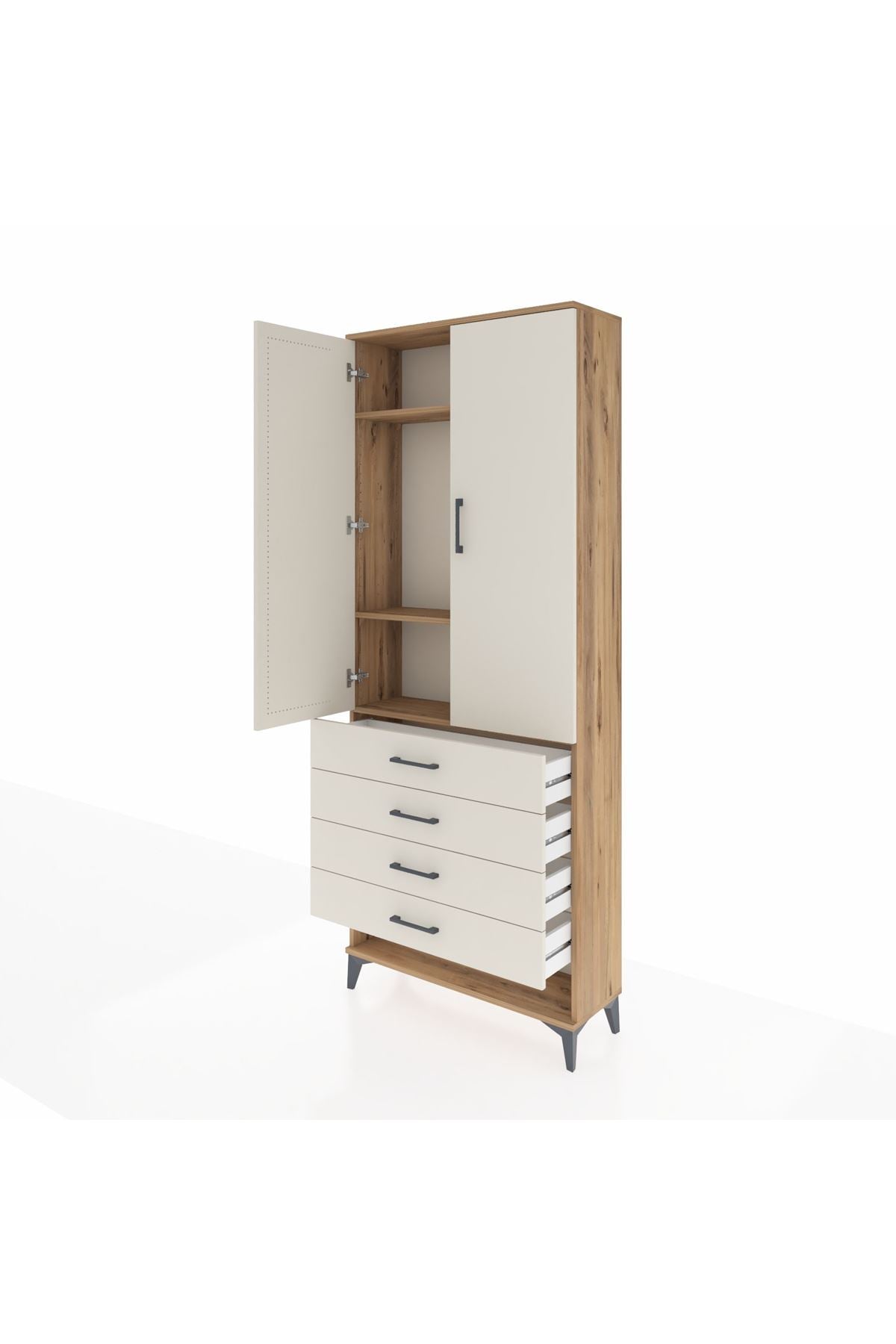 Arges Dolap 3 Raflı 4 Çekmeceli 2 Kapaklı 88x30x221 Çam-Aytaşı