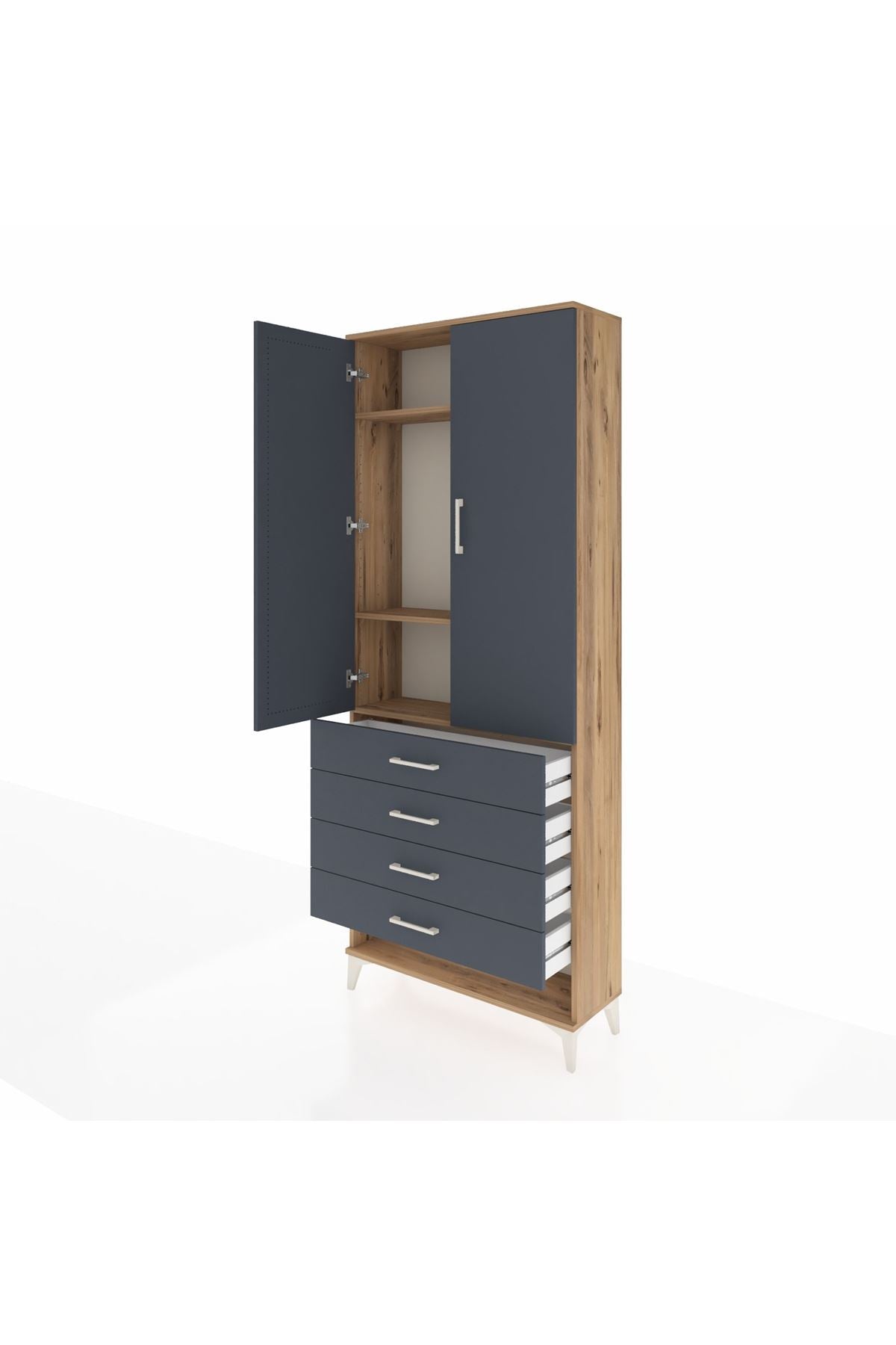 Arges Dolap 3 Raflı 4 Çekmeceli 2 Kapaklı 88x30x221 Çam-Antrasit