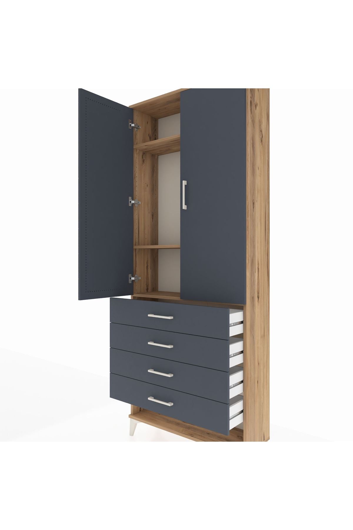 Arges Dolap 3 Raflı 4 Çekmeceli 2 Kapaklı 88x30x221 Çam-Antrasit