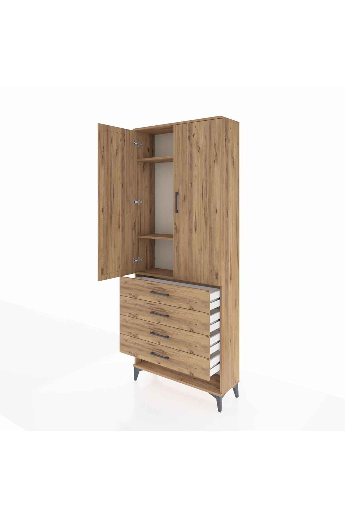 Arges Dolap 3 Raflı 4 Çekmeceli 2 Kapaklı 88x30x221 Çam-Çam