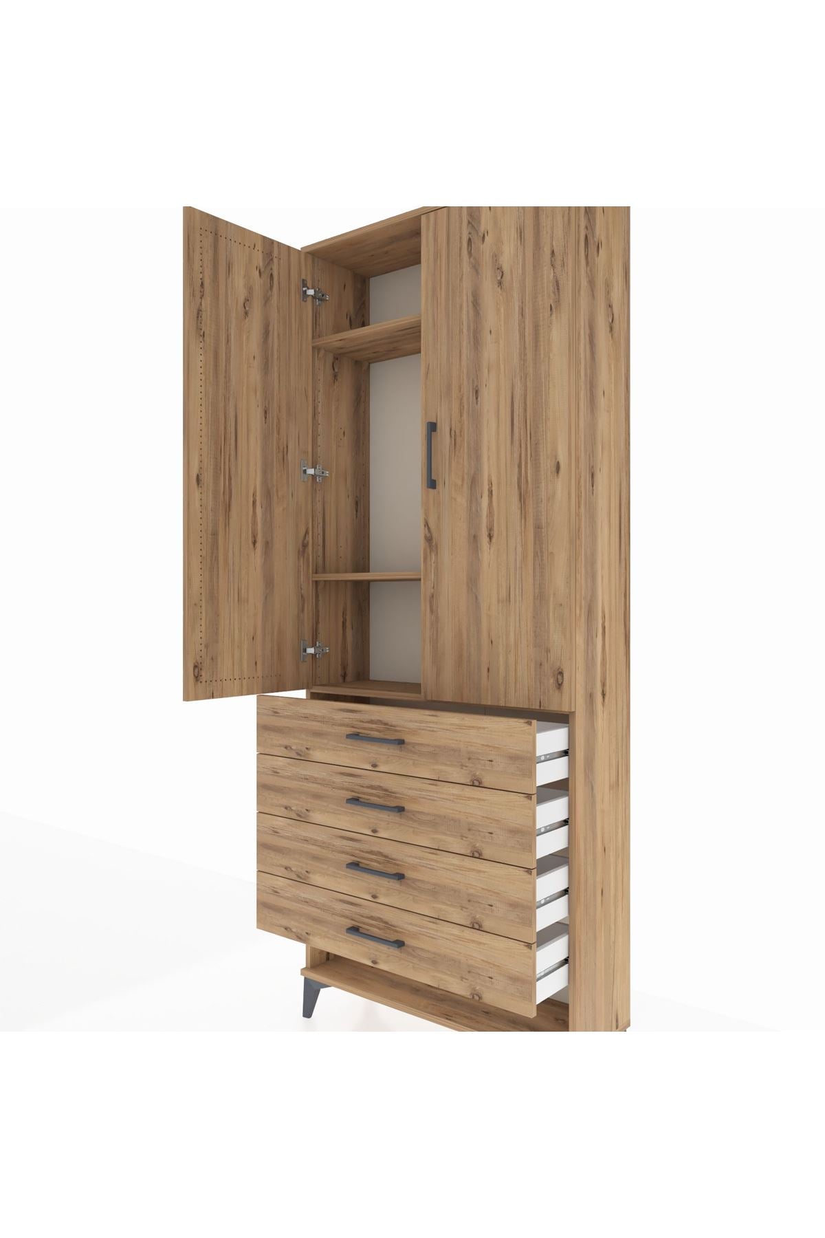 Arges Dolap 3 Raflı 4 Çekmeceli 2 Kapaklı 88x30x221 Çam-Çam