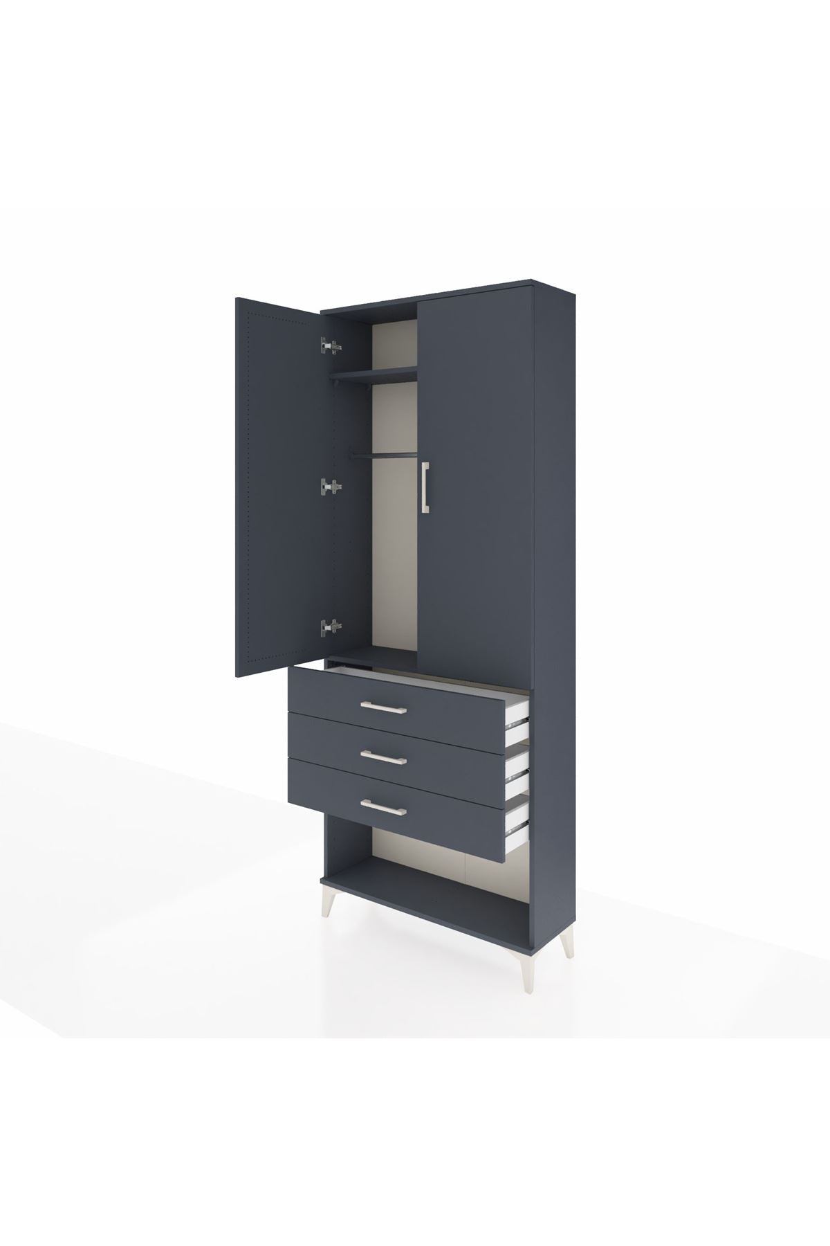 Arges Dolap 2 Raflı 3 Çekmeceli Tek Askılı 88x30x221 Antrasit-Antrasit