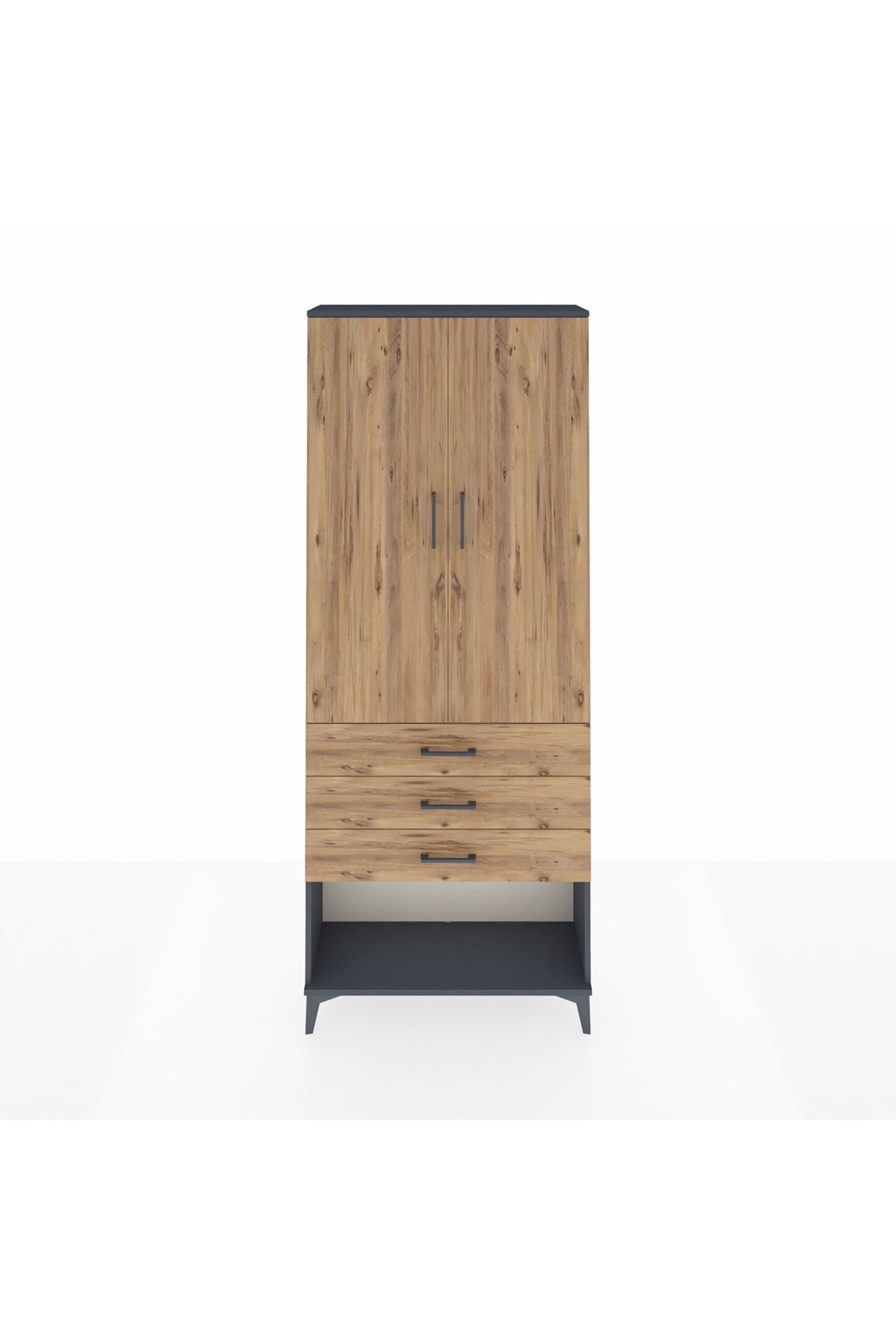 Arges Dolap 2 Raflı 3 Çekmeceli Tek Askılı 88x30x221 Antrasit-Çam