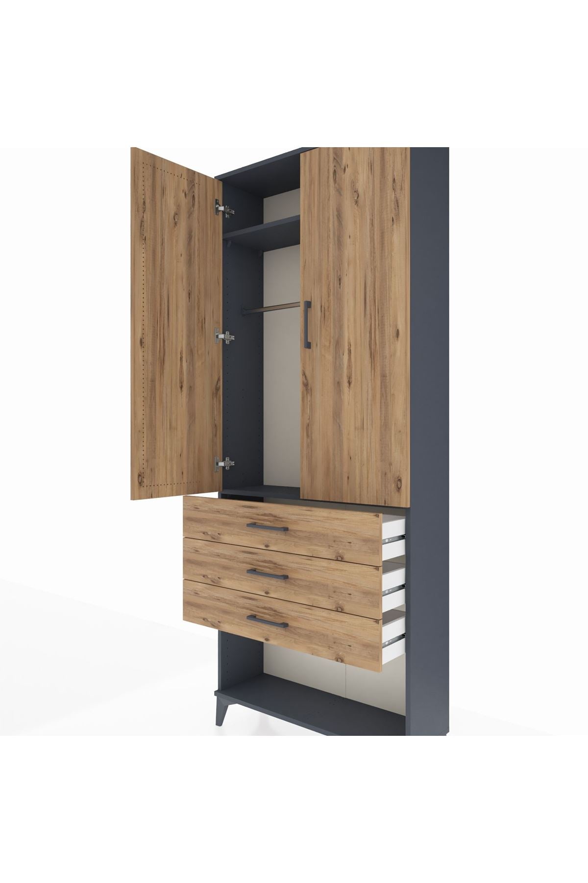 Arges Dolap 2 Raflı 3 Çekmeceli Tek Askılı 88x30x221 Antrasit-Çam