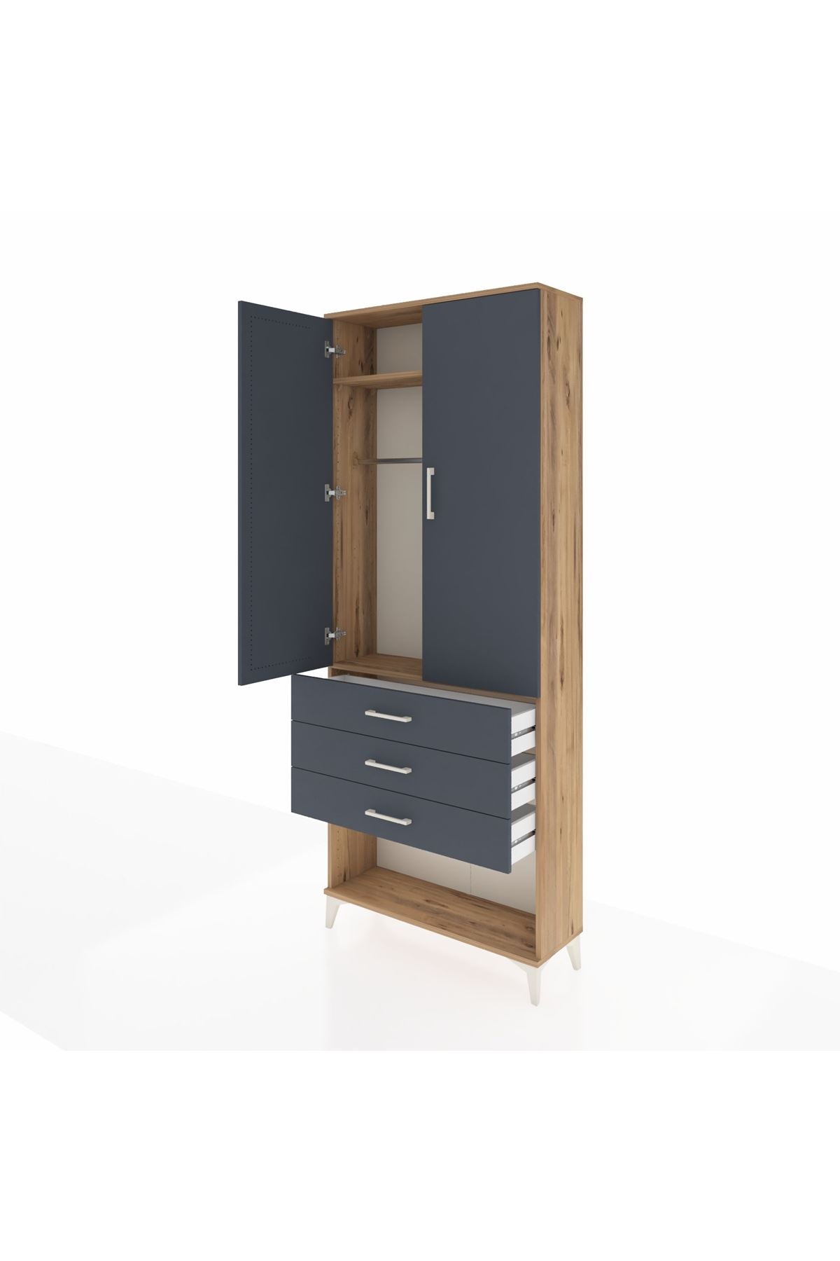 Arges Dolap 2 Raflı 3 Çekmeceli Tek Askılı 88x30x221 Çam-Antrasit