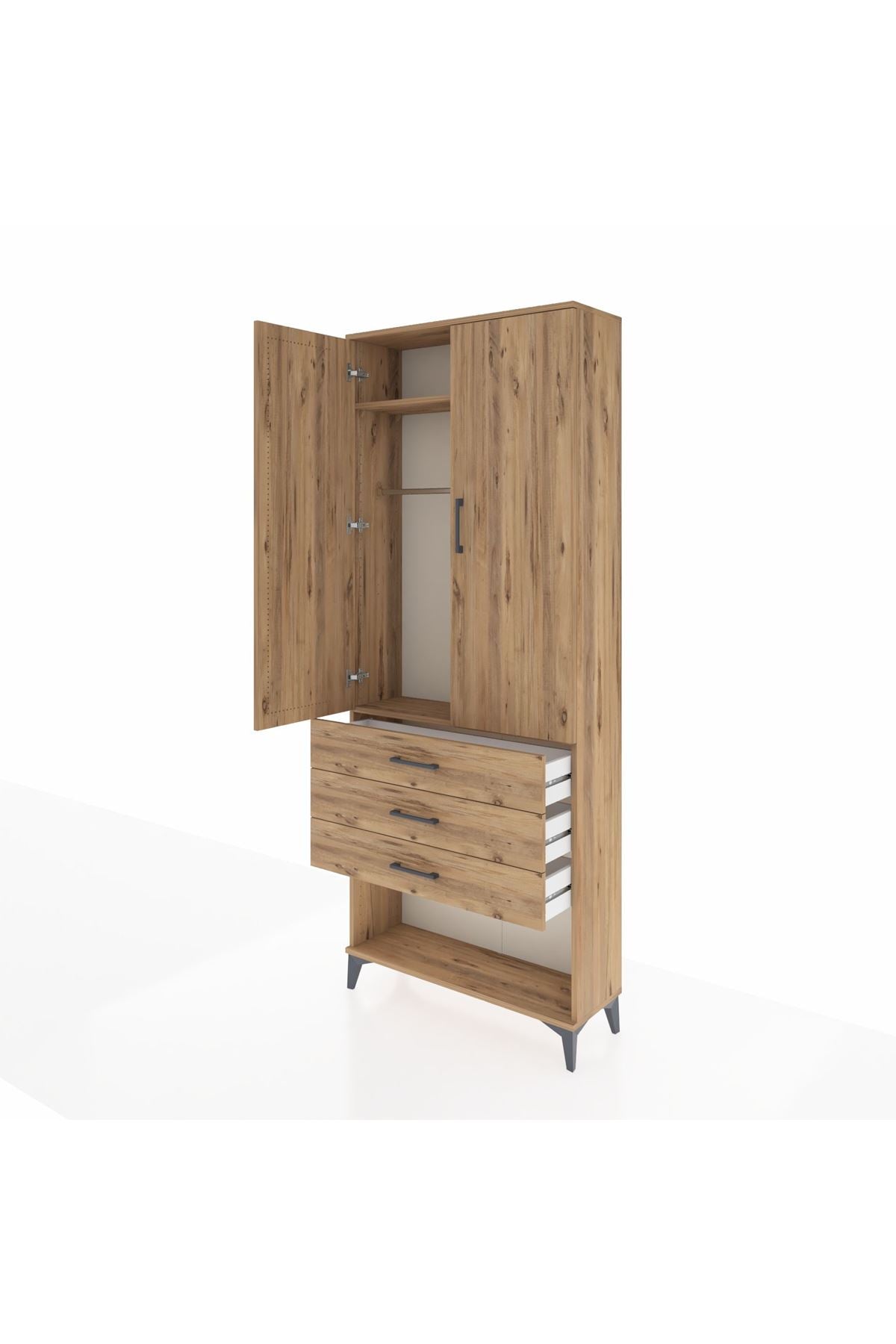 Arges Dolap 2 Raflı 3 Çekmeceli Tek Askılı 88x30x221 Çam-Çam