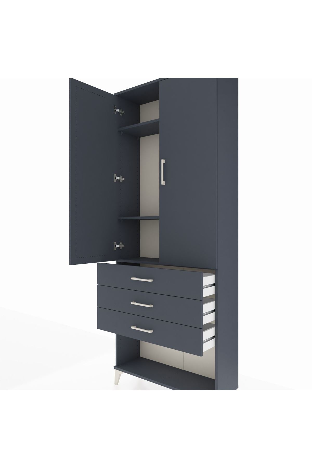 Arges Dolap 3 Raflı 3 Çekmeceli 2 Kapaklı 88x30x221 Antrasit-Antrasit