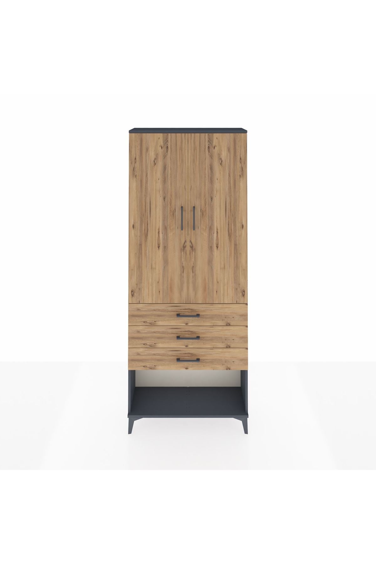 Arges Dolap 3 Raflı 3 Çekmeceli 2 Kapaklı 88x30x221 Antrasit-Çam