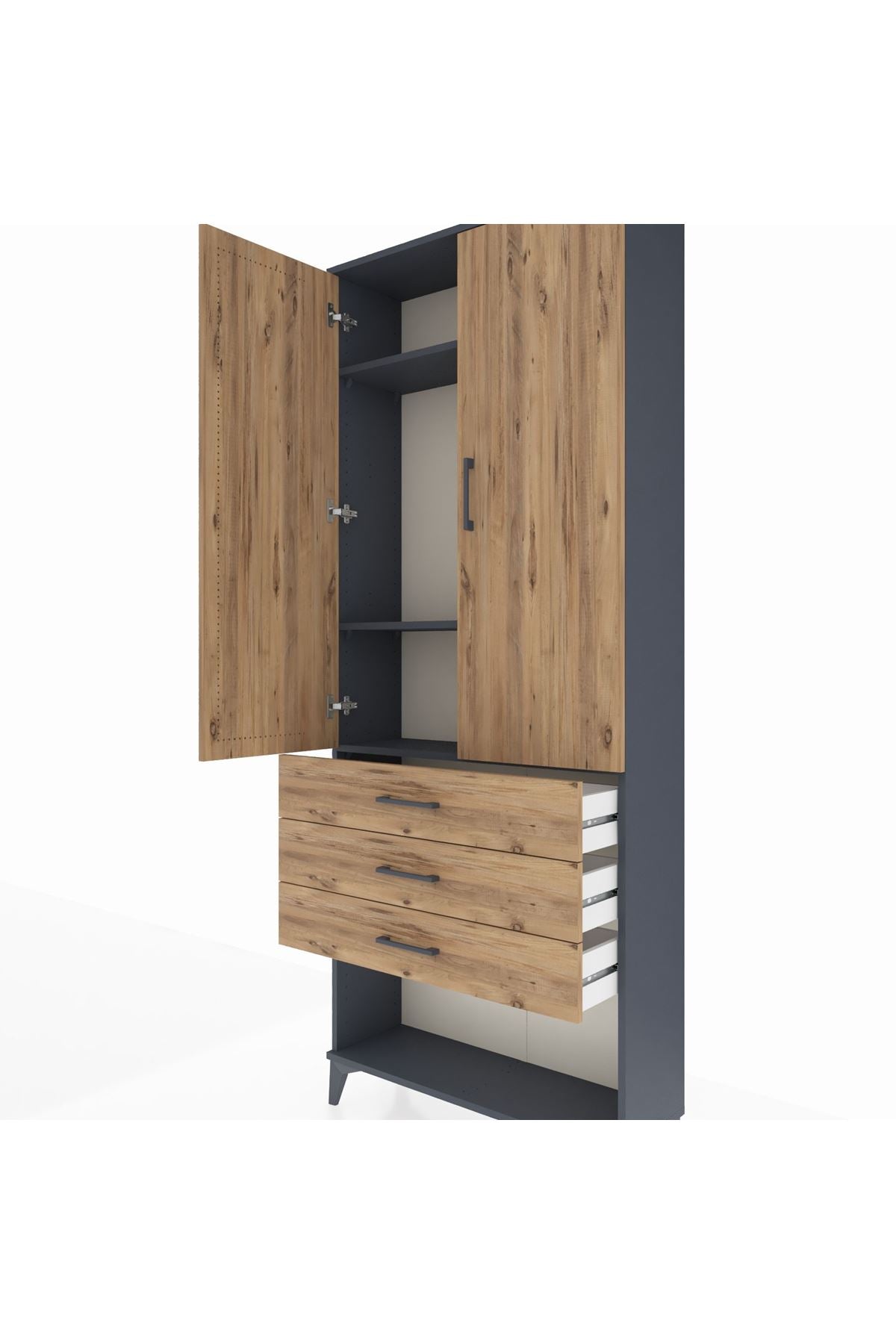 Arges Dolap 3 Raflı 3 Çekmeceli 2 Kapaklı 88x30x221 Antrasit-Çam