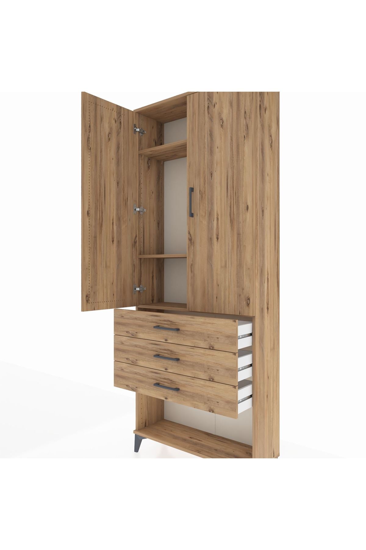 Arges Dolap 3 Raflı 3 Çekmeceli 2 Kapaklı 88x30x221 Çam-Çam