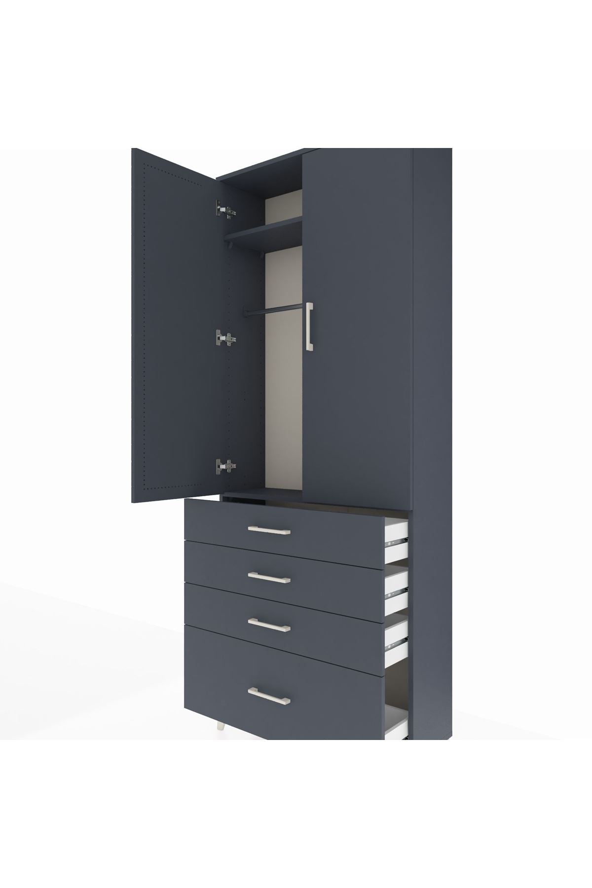 Arges Dolap 2 Raflı 4 Çekmeceli Tek Askılı 88x30x221 Antrasit-Antrasit